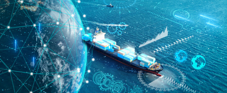 AI Cargo ship technology. Global Logistics international delivery concept, World map logistics and supply chain network distribution container Ship running for export import to customs ocean