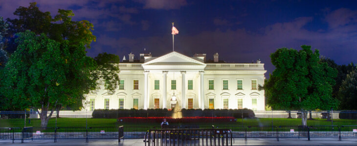 September 12, 2017, Washington, DC, USA: The White House at night during the Trump Administration.