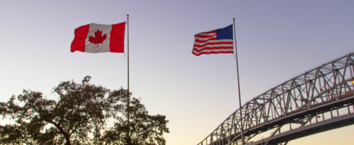 The twin spans of the Blue Water Bridges international crossing between the cities of Port Huron, Michigan and Sarnia, Ontario is one of the busiest border crossings between Canada and the United States.